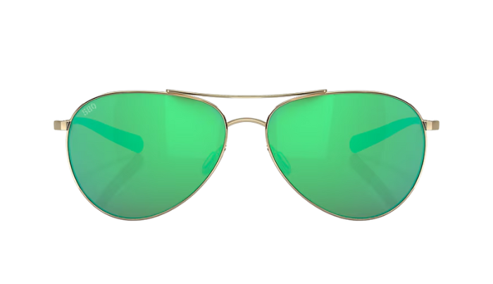 Costa Aviator sunglasses with green reflective lenses on a white background