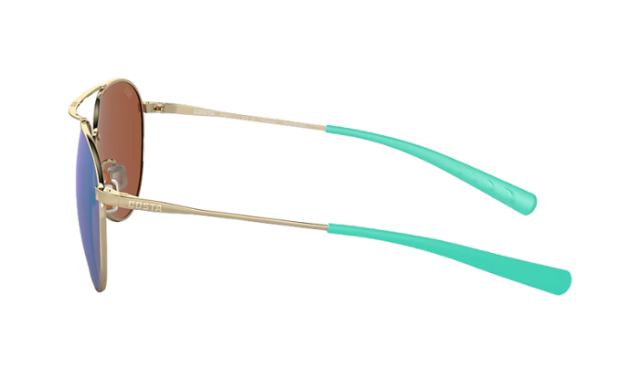 Costa Aviator sunglasses with green reflective lenses on a white background