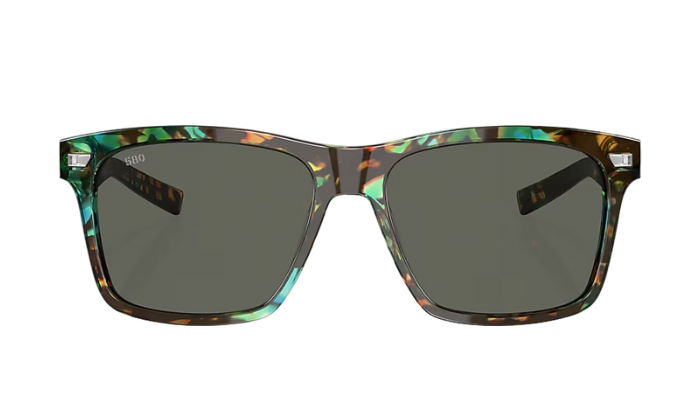 Costa Sunglasses with shiny ocean tortoiseshell frame and gray lenses on a white background
