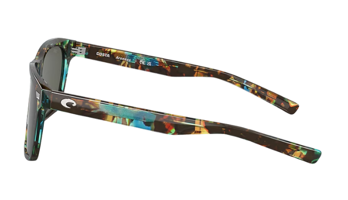 Costa Sunglasses with shiny ocean tortoiseshell frame and gray lenses on a white background