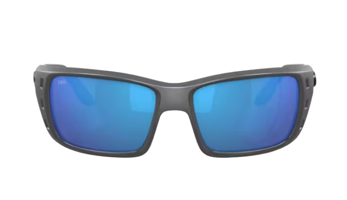 Matte Gray Costa wraparound sunglasses with blue lenses on a white background