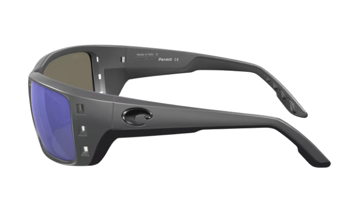 Matte Gray Costa wraparound sunglasses with blue lenses on a white background