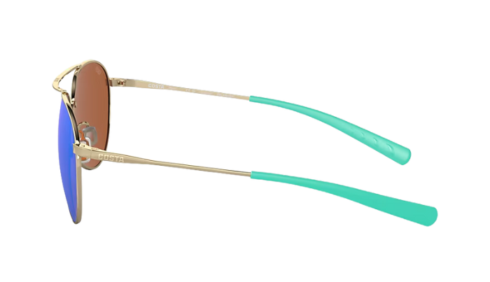 Costa Aviator sunglasses with green reflective lenses on a white background