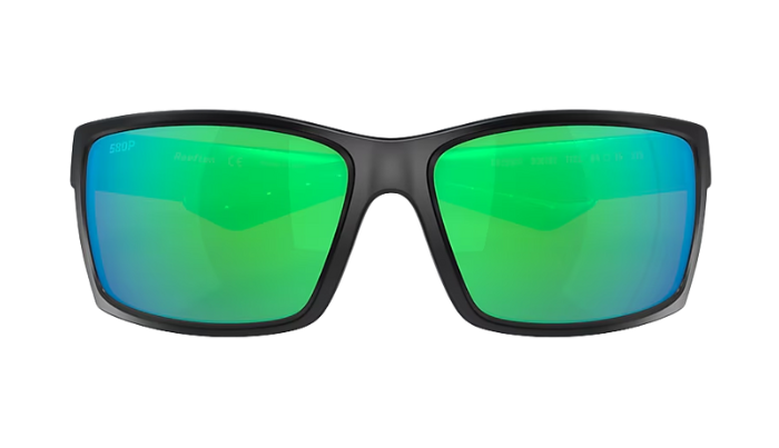 Black Costa sunglasses with green lenses on a white background