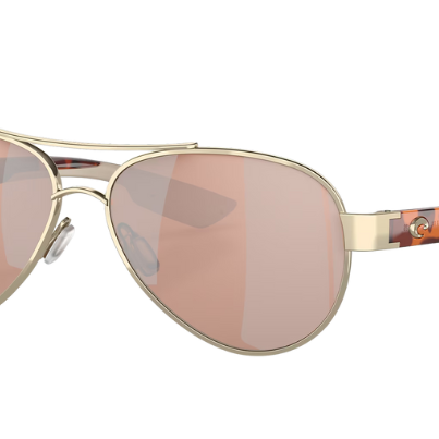 Gold-framed Costa aviator sunglasses with rose gold lenses on a white background