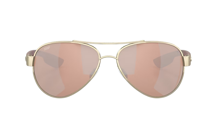 Gold-framed Costa aviator sunglasses with rose gold lenses on a white background
