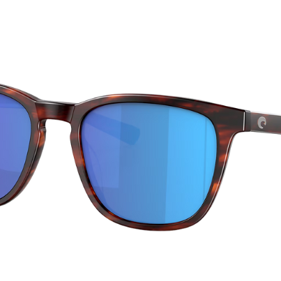 Costa Sunglasses with tortoiseshell frame and blue lenses on a white background
