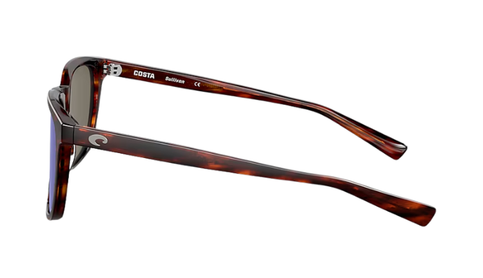 Costa Sunglasses with tortoiseshell frame and blue lenses on a white background