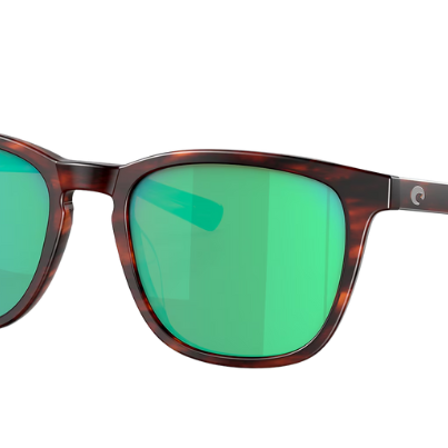 Costa Sunglasses with tortoiseshell frame and green lenses on a white background