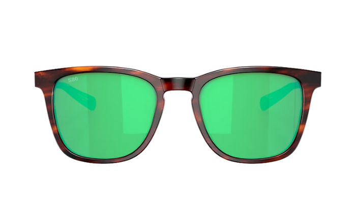 Costa Sunglasses with tortoiseshell frame and green lenses on a white background