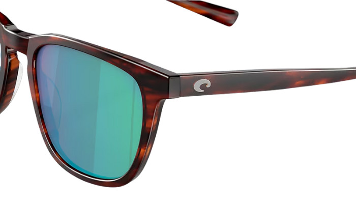Costa Sunglasses with tortoiseshell frame and green lenses on a white background