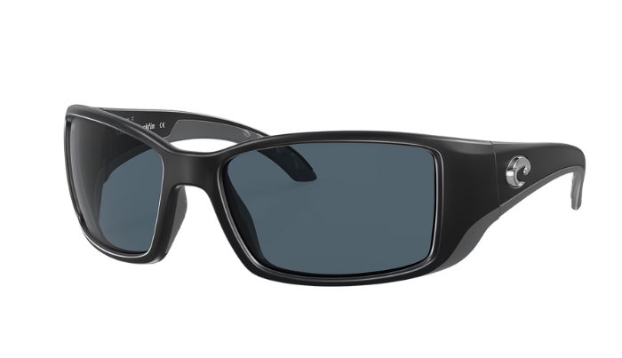Black Costa wraparound sunglasses with gray lenses and a visible Costa brand logo on a white background