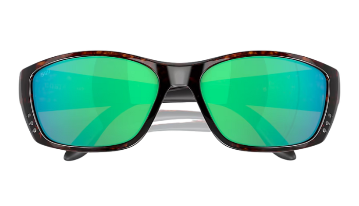Costa Sunglasses with green lenses and brown frame on a white background