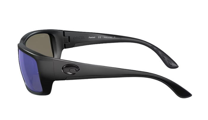 Black Costa wraparound sunglasses with blue lenses on a white background