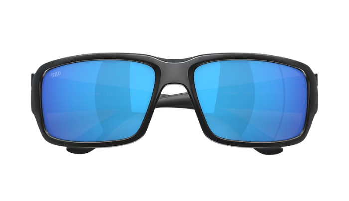 Black Costa wraparound sunglasses with blue lenses on a white background