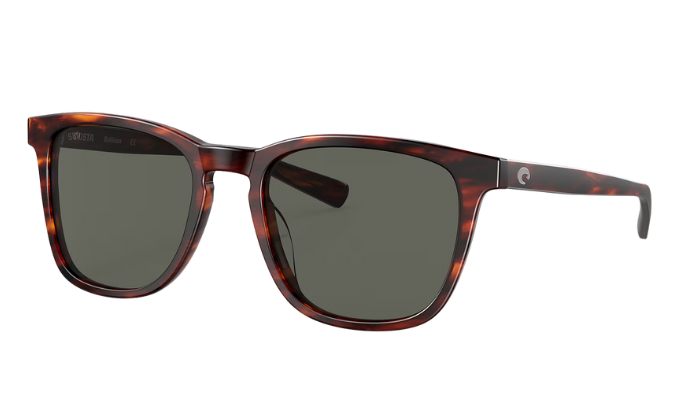 Costa Sunglasses with tortoiseshell frame and gray lenses on a white background