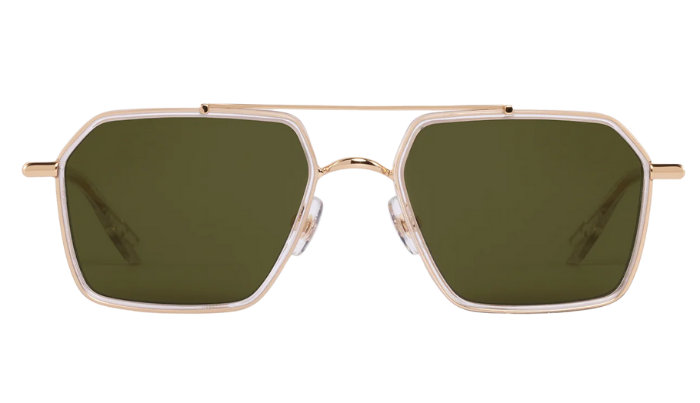 Krewe Sunglasses with gold frame and green lenses on a white background