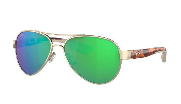 Aviator Costa sunglasses with green lenses and gold frame on a white background