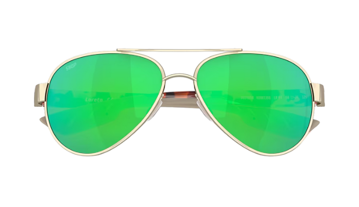 Aviator Costa sunglasses with green lenses and gold frame on a white background