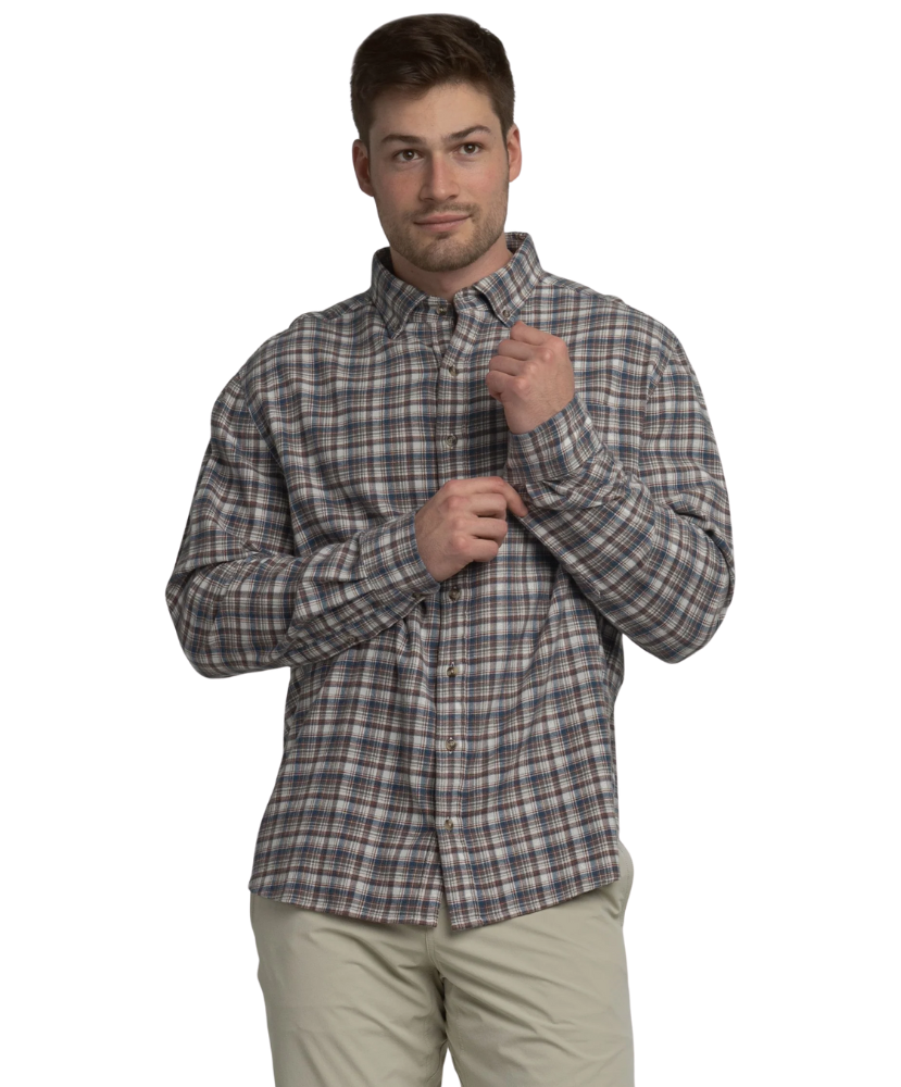 Man wearing a plaid shirt on a white background