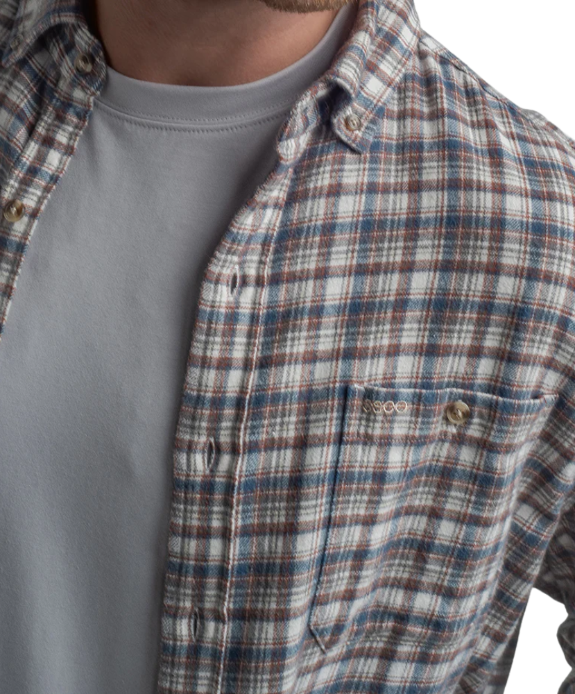 Plaid shirt over a gray t-shirt with a visible brand logo on a white background