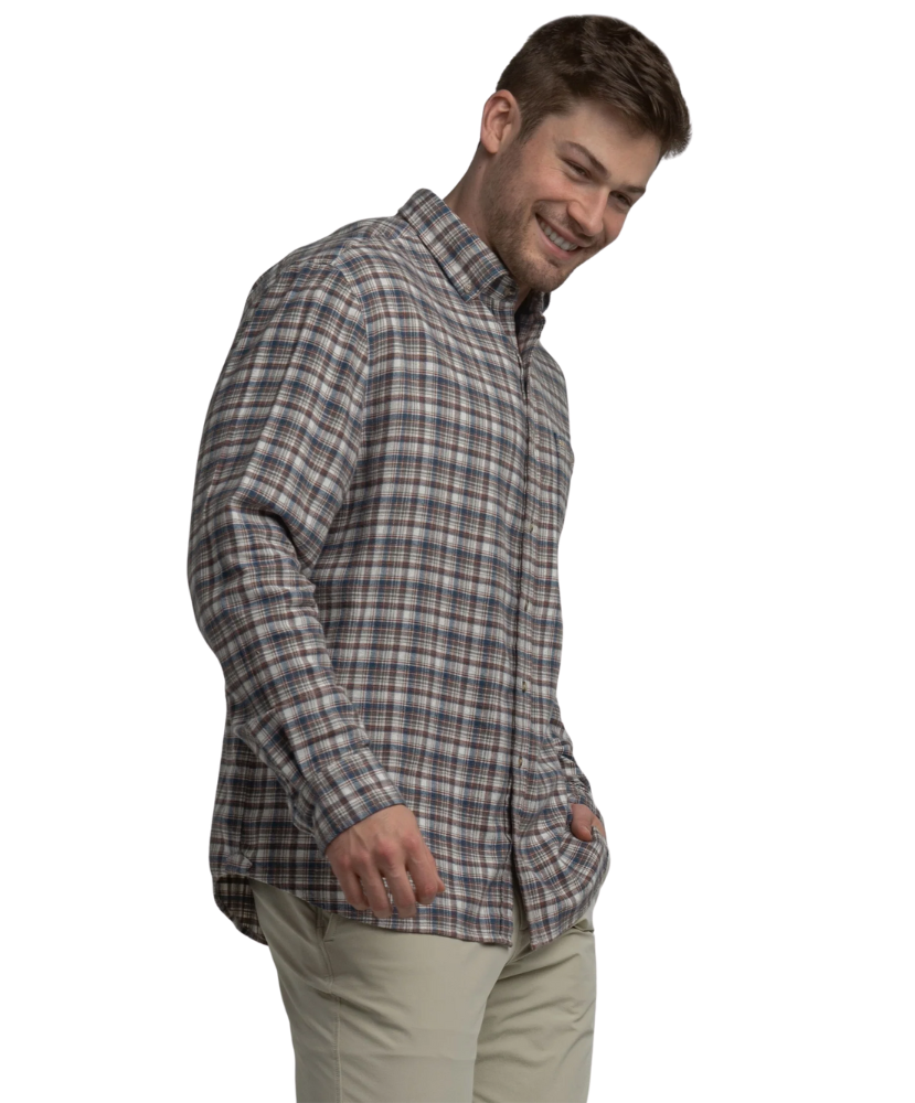 Man wearing a plaid shirt on a white background