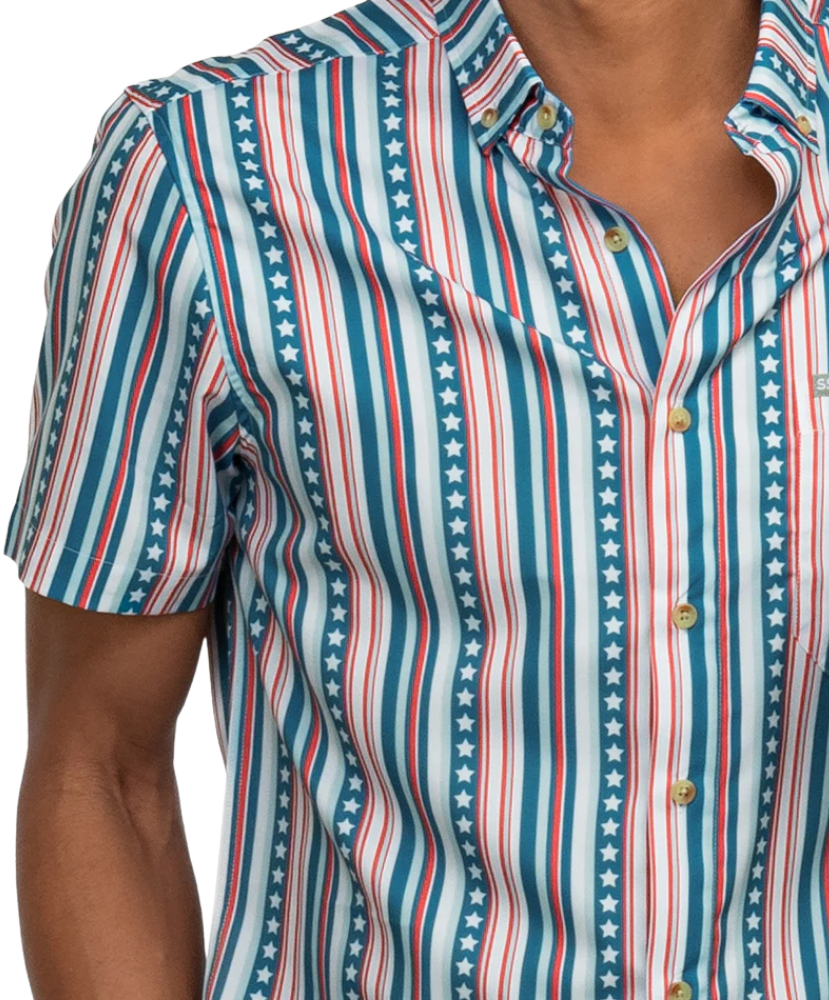 Short-sleeve shirt with USA red, white, and blue striped pattern on a white background