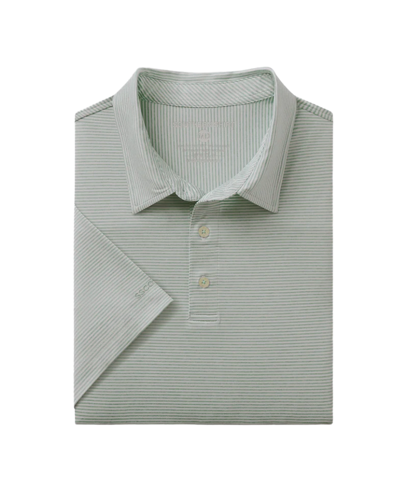 Folded light green striped polo shirt on a white background
