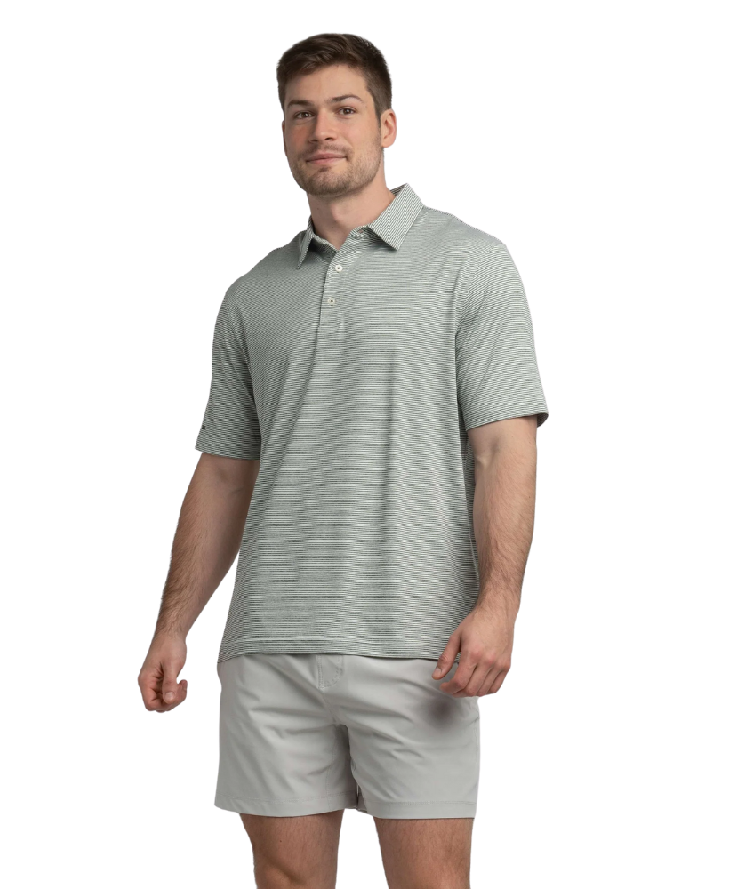 Man wearing a gray striped polo shirt and shorts on a white background