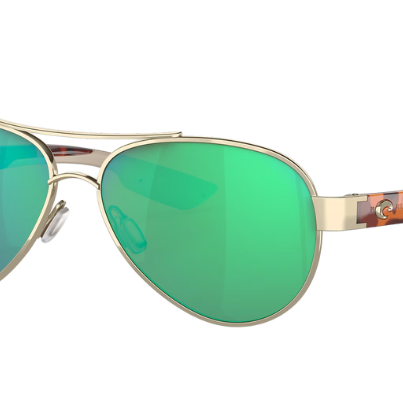 Aviator Costa sunglasses with green lenses and gold frame on a white background
