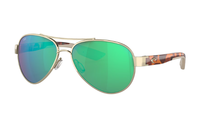 Aviator Costa sunglasses with green lenses and gold frame on a white background