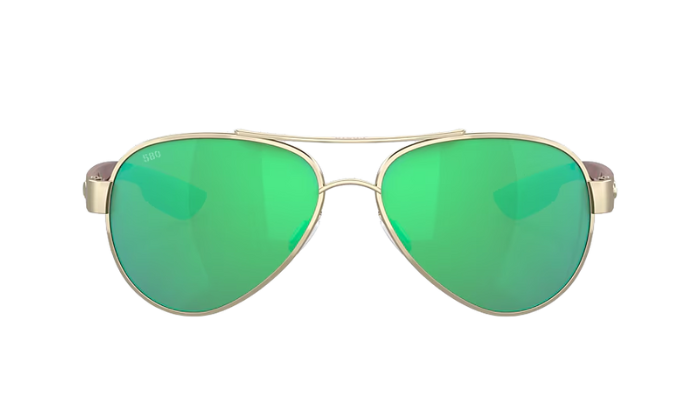 Aviator Costa sunglasses with green lenses and gold frame on a white background
