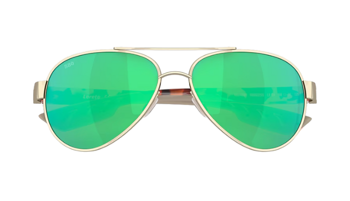 Aviator Costa sunglasses with green lenses and gold frame on a white background