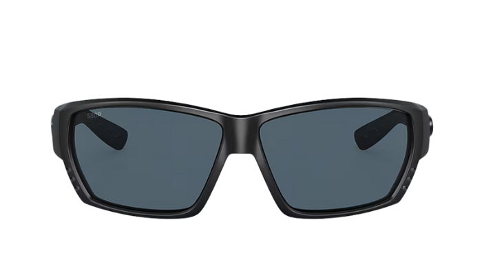 Black Costa wraparound sunglasses with gray lenses on a white background