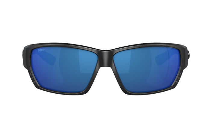Black Costa wraparound sunglasses with blue lenses on a white background