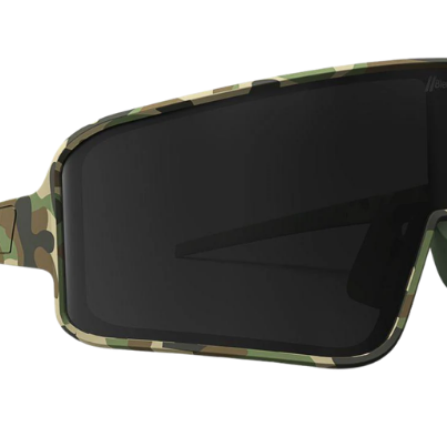 Blenders shield sunglasses with camouflage frame and black lenses on a white background
