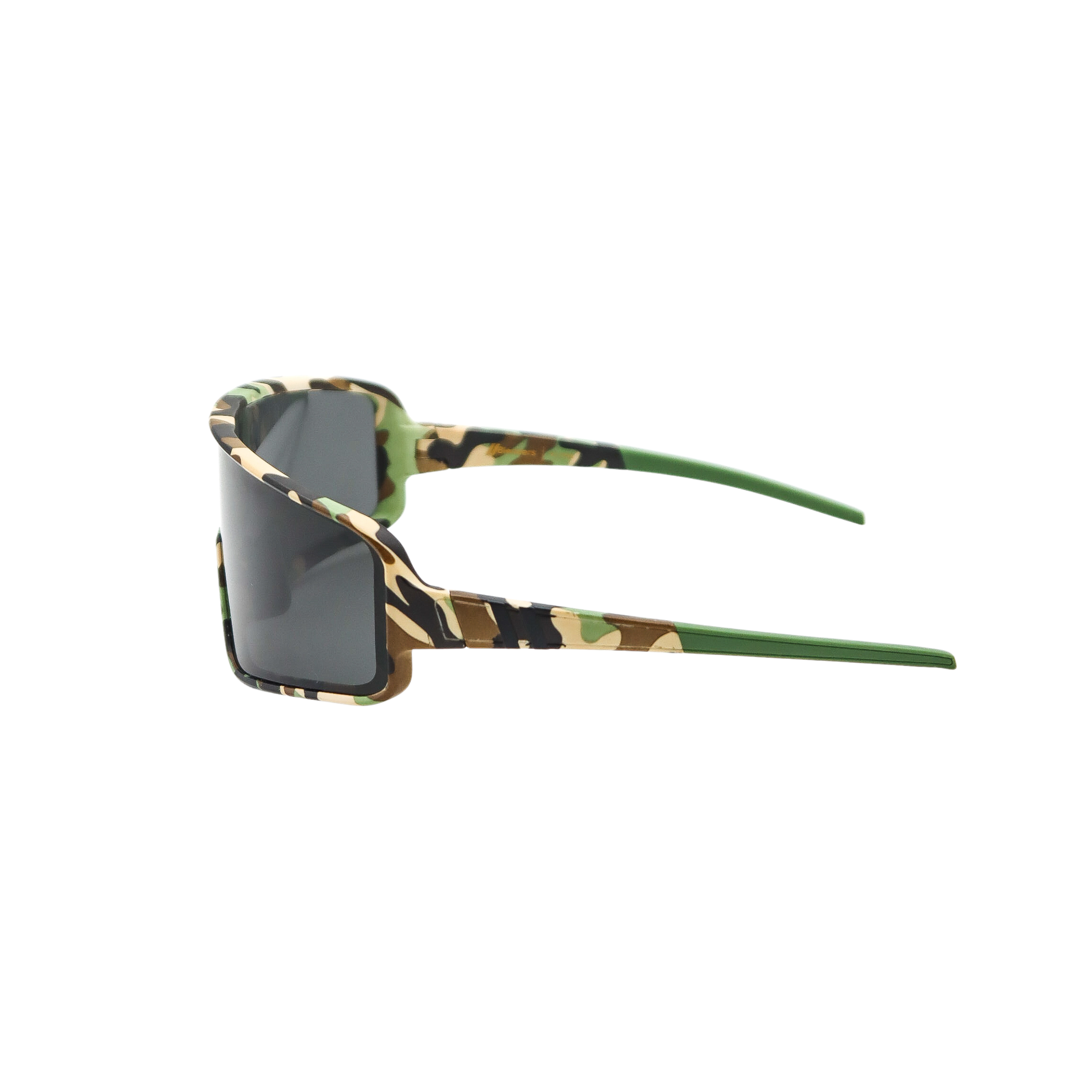 Blenders shield sunglasses with camouflage frame and black lenses on a white background