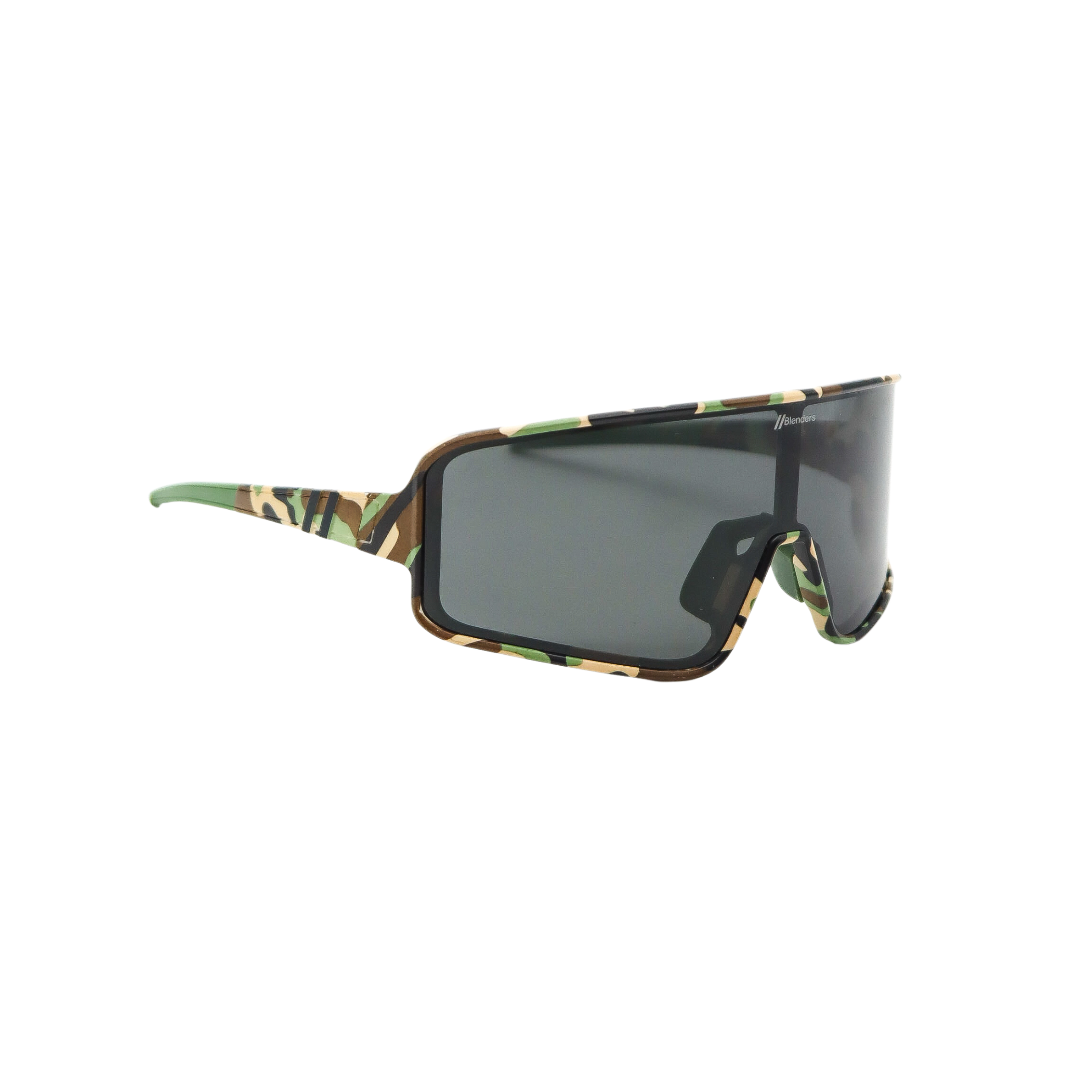 Blenders shield sunglasses with camouflage frame and black lenses on a white background