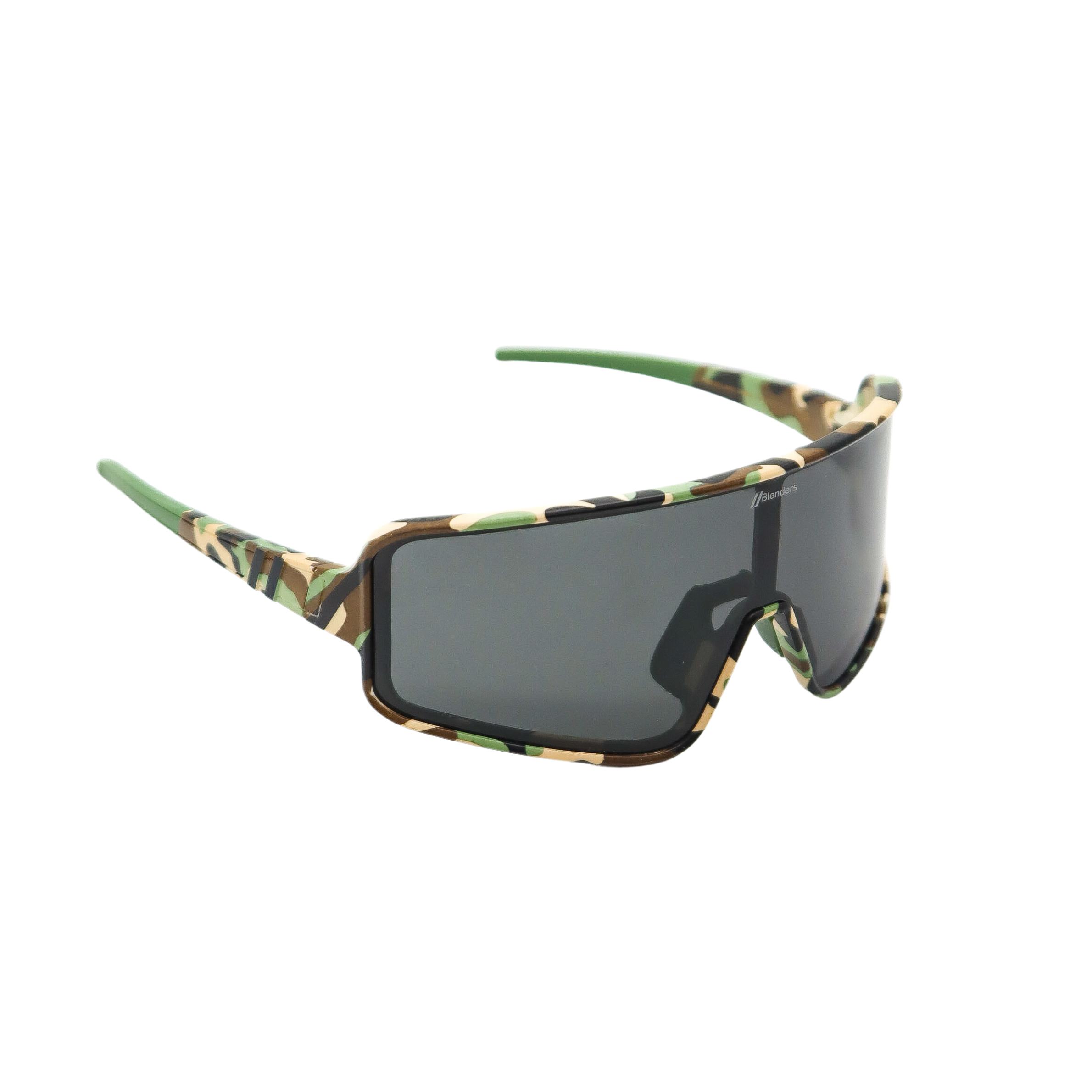 Blenders shield sunglasses with camouflage frame and black lenses on a white background