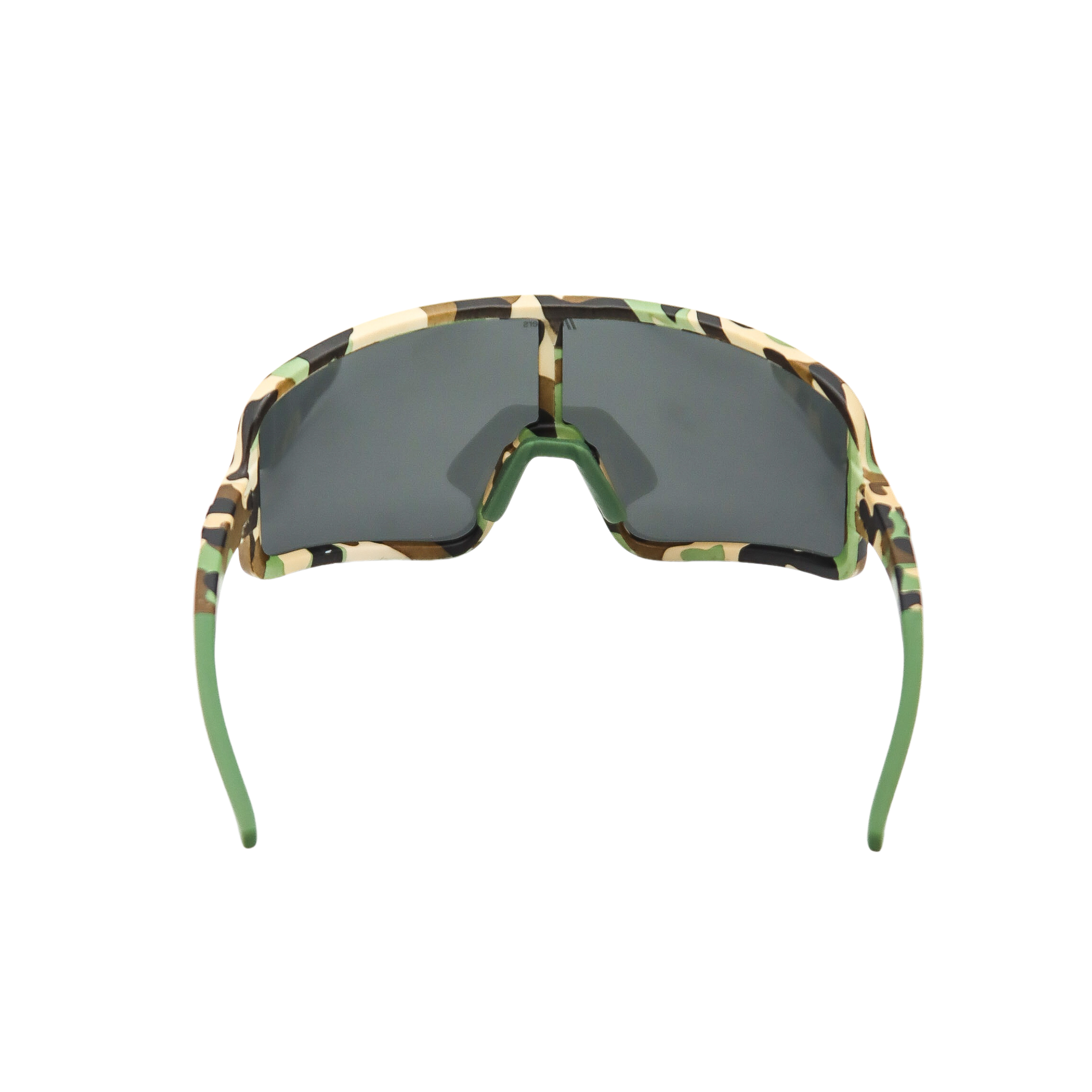 Blenders shield sunglasses with camouflage frame and black lenses on a white background