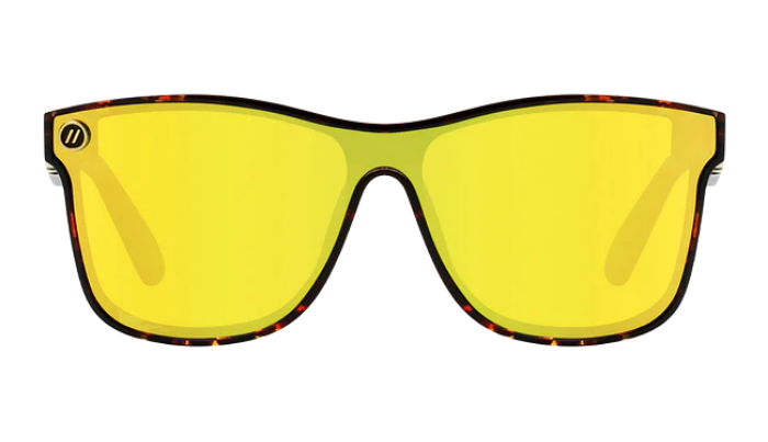 Yellow Blenders sunglasses with a tortoise shell frame on a white background