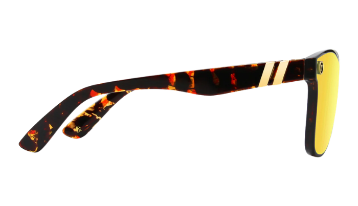 Yellow Blenders sunglasses with a tortoise shell frame on a white background