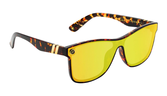 Yellow Blenders sunglasses with a tortoise shell frame on a white background