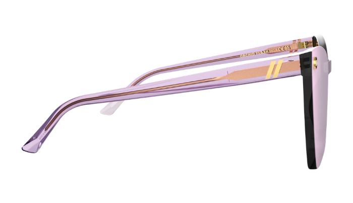 Blender Sunglasses with a violet clear frame and reflective lenses on a white background