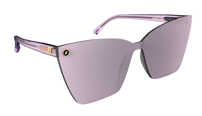 Blender Sunglasses with a violet clear frame and reflective lenses on a white background