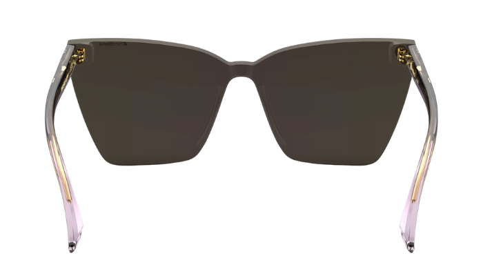 Blender Sunglasses with a violet clear frame and reflective lenses on a white background