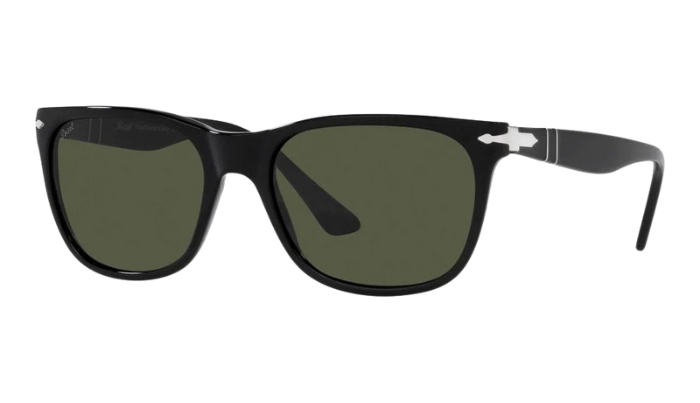 Black sunglasses with a Persol on a white background