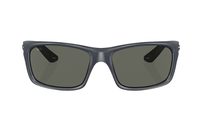Costa Sunglasses with polarized gray lenses and midnight bkue frame on a white background