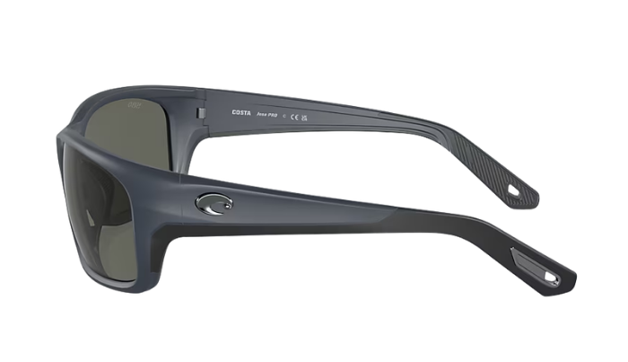 Costa Sunglasses with polarized gray lenses and midnight bkue frame on a white background