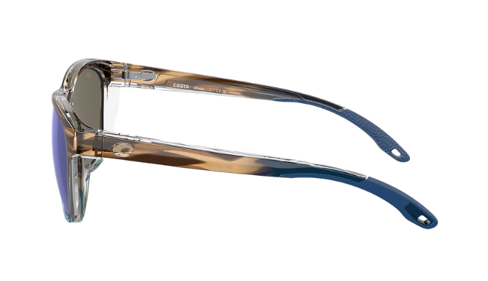 Costa Sunglasses with a tortoise frame and polarized blue lenses on a white background